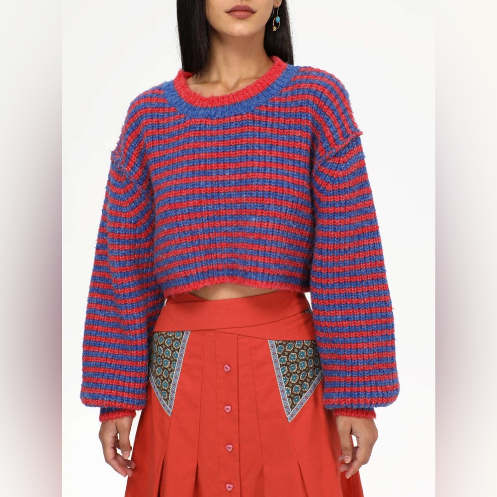 NWT Zara Wool Alpaca Blend Crop Chunky Knit Striped Balloon Sleeve Crop Sweater